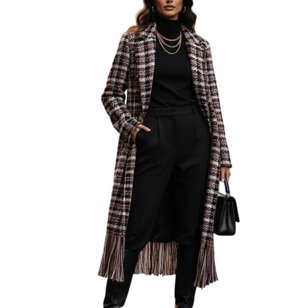 Regency Coat Plaid Fringe Hem Longline Overcoat Jacket‎ M